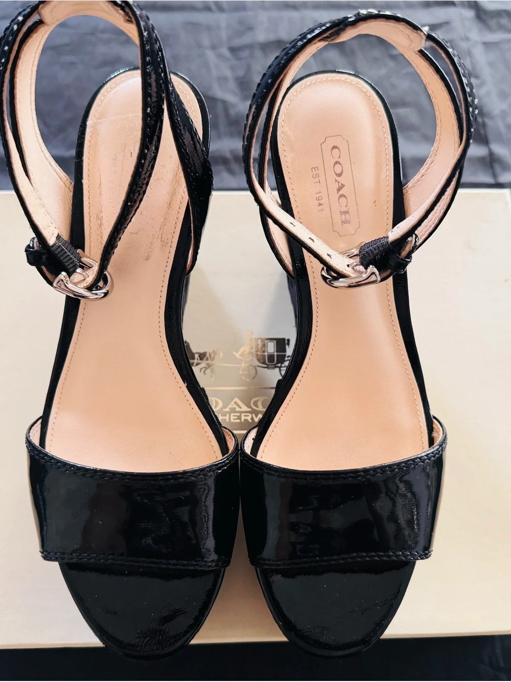 Coach Black Patent Leather Platform Wedge Sandals